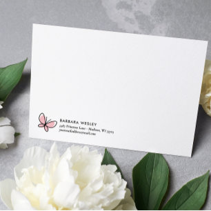 DOODLE ROZE VLINDER WHIMSICAL MONOGRAM NOTITIEKAARTJE