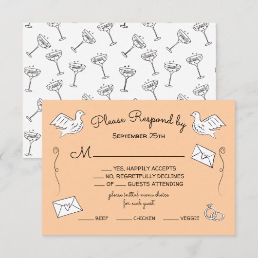 Doodle Schets Funky liefde vogels trouwringen RSVP Kaart (Voorkant / Achterkant)