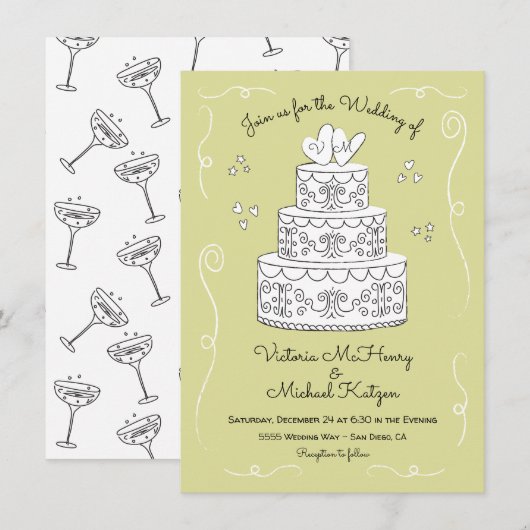 Doodle schets Funky Wedding Cake Kaart (Voorkant / Achterkant)