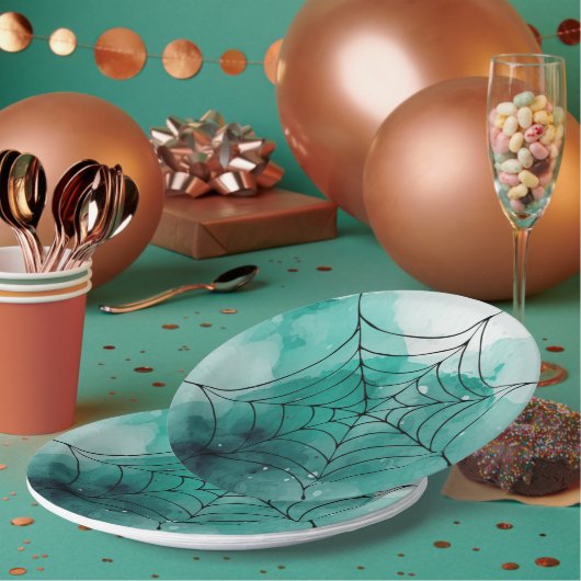 Doodle Spiderweb op groen Papieren Bordje (Multi)