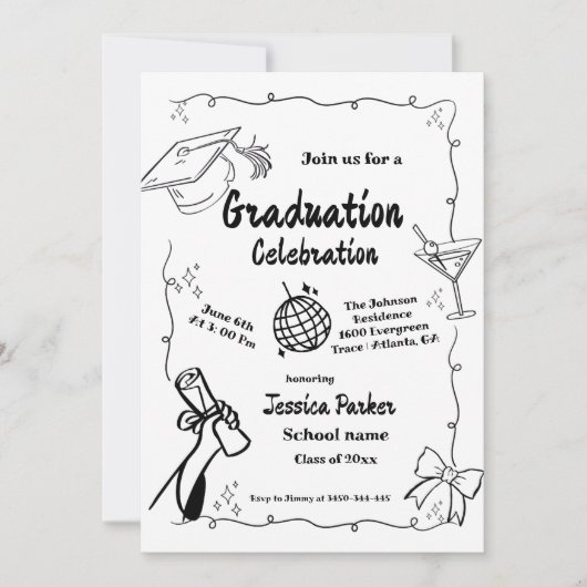 Doodle Style Hand getrokken Afstuderen Kaart (Voorkant)