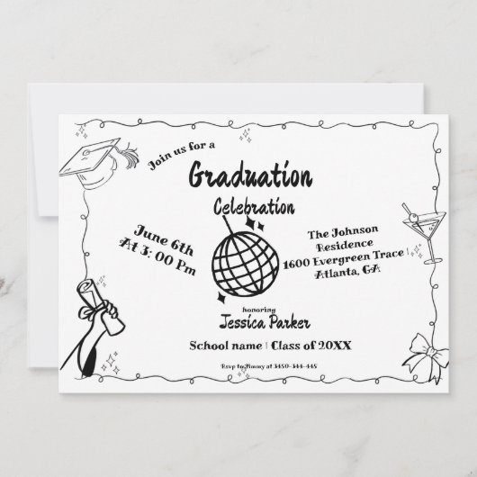 Doodle Style Hand getrokken Afstuderen Kaart (Voorkant)