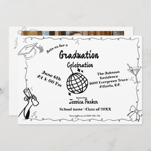 Doodle Style Hand getrokken Afstuderen Kaart (Voorkant / Achterkant)