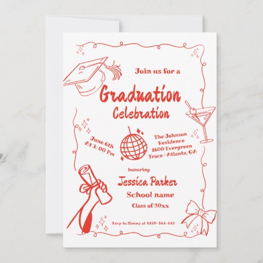 Doodle Style Hand getrokken Afstuderen Uitnodiging (Voorkant)