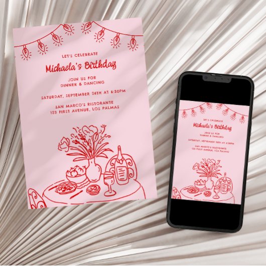 Doodle Table & String Light Verjaardagsfeest voor  Kaart