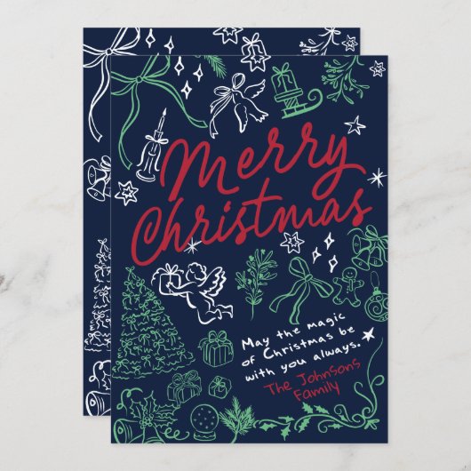 Doodle tiré à la main Joyeuse carte de Noël (Devant / Derrière)