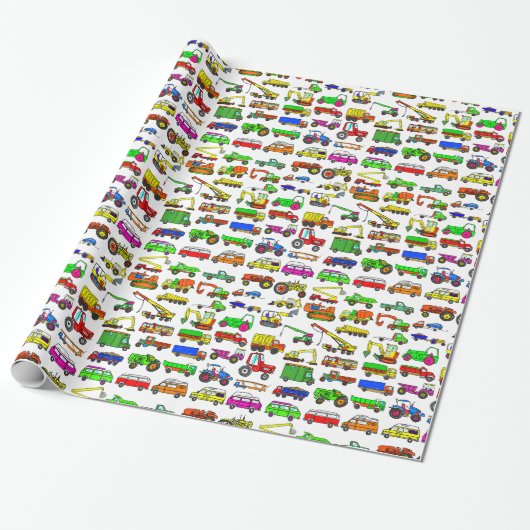 Doodle Trucks Vans and Automobiles Cadeaupapier (Uitgerold)
