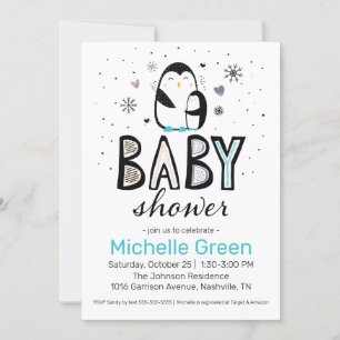 Doodle Winter Penguin Baby shower Invitation Kaart