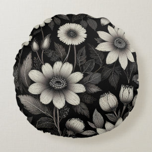 Doodle Zwart & Wit bloemen grafische illustratie Rond Kussen