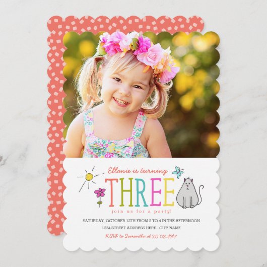 Doodles colorés 3e anniversaire Invitation de fête (Devant / Derrière)