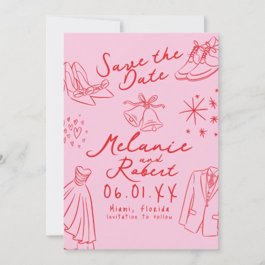 Doodles Hand Drawn Black White Groom Bride Save The Date (Voorkant)