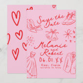 Doodles Hand Drawn Black White Groom Bride Save The Date (Voorkant / Achterkant)