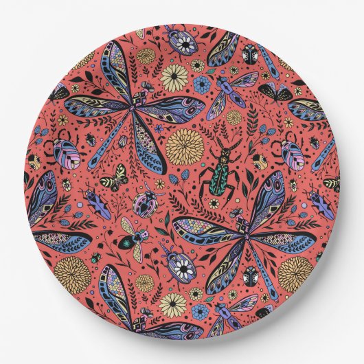 Doogaveinsecten op koraalrood papieren bordje (Voorkant)