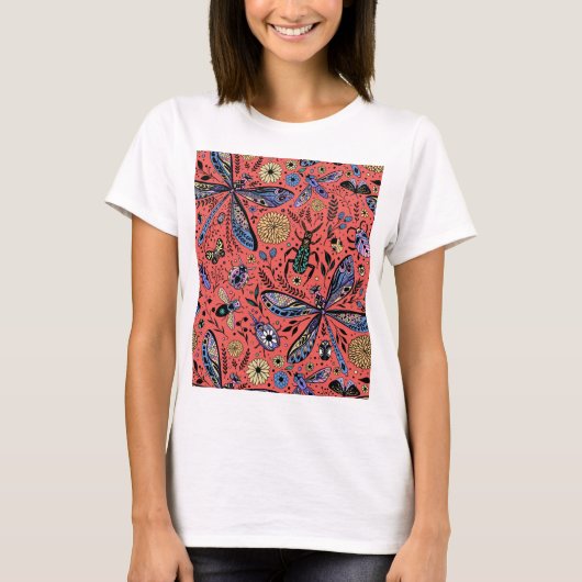 Doogaveinsecten op koraalrood t-shirt (Voorkant)
