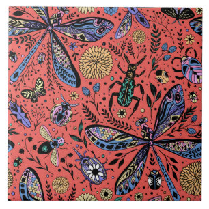 Doogaveinsecten op koraalrood tegeltje