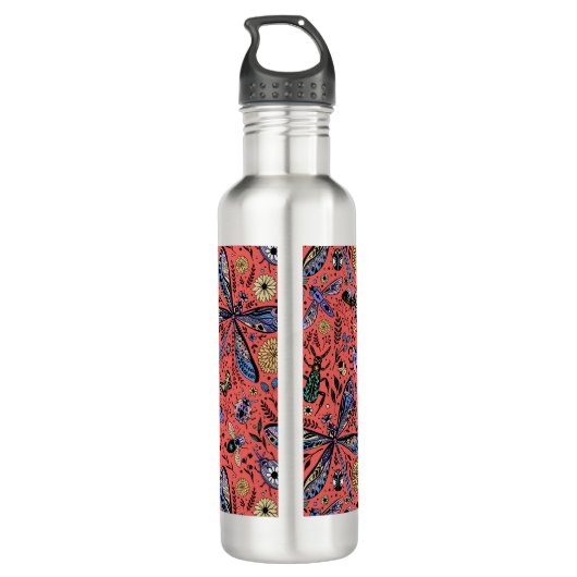 Doogaveinsecten op koraalrood waterfles (Achterkant)