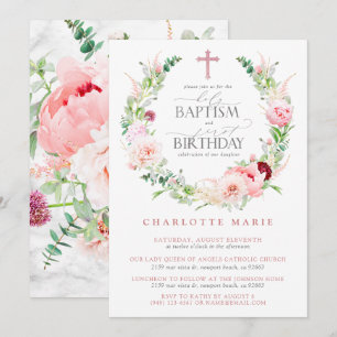 Doop 1e verjaardag Roze Bloemen Marmer Cross Meisj Kaart
