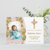 Doop 1e verjaardag roze gouden tekst foto kaart (Staand voorkant)