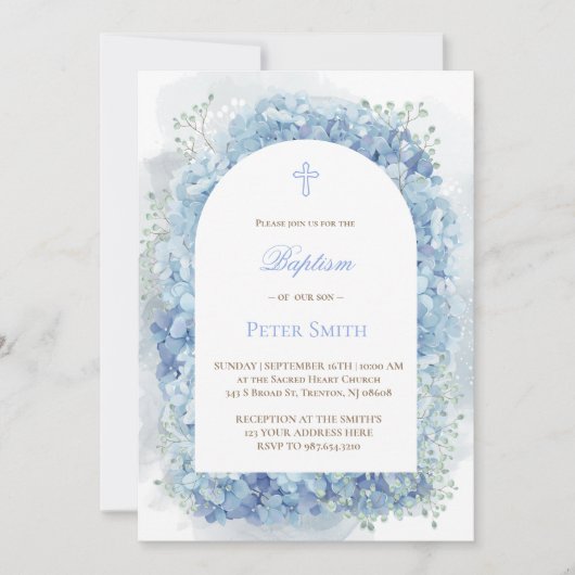 Doop blauw aquarel hydrangea uitnodiging (Voorkant)