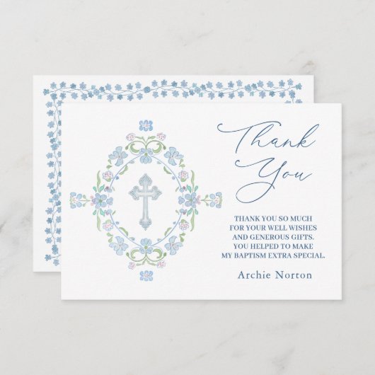 Doop Blauw Groene Bloemen Dank u Bedankkaart (Voorkant / Achterkant)