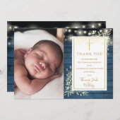 Doop Blauw Rustieke Slingerlichten Groene Foto Bedankkaart (Voorkant / Achterkant)