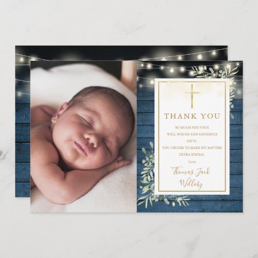 Doop Blauw Rustieke Slingerlichten Groene Foto Bedankkaart (Voorkant / Achterkant)