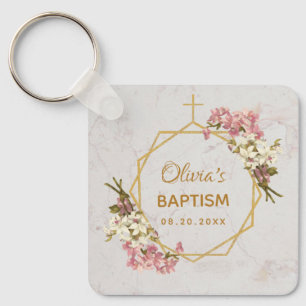 Doop Bloemen Goud Marmer Roze Orchideeën Sleutelhanger