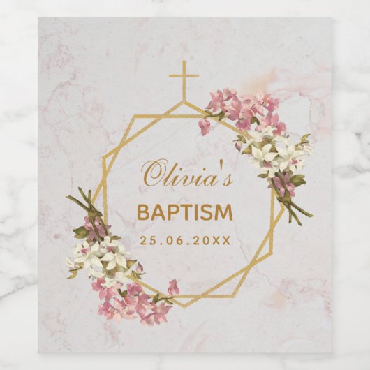 Doop Bloemen Goud Roze Wit Orchideeën Marmer Wijn Etiket (Enkel label)