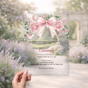 Doop Boog Roze Bloemen Meisje Elegant premium Acryl Uitnodigingen