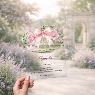 Doop Boog Roze Bloemen Meisje Kruis Premium Acryl Uitnodigingen