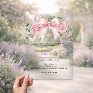 Doop Boog Roze Bloemen Meisje Kruis Premium Acryl Uitnodigingen
