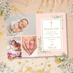 Doop Christelijke doop groen blush roze 3 foto Bedankkaart