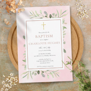 Doop Christening Aquarel Groene Begroeiing Roze Go Kaart