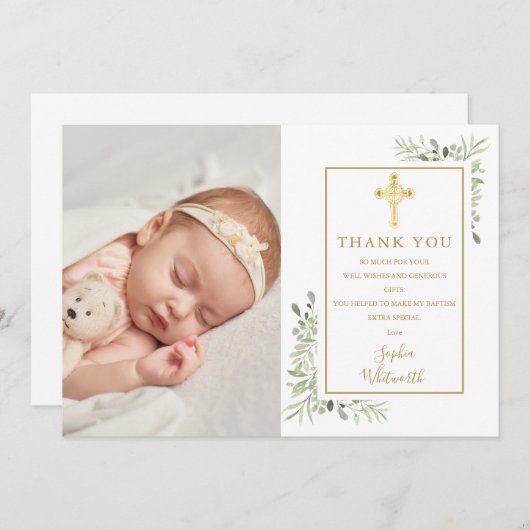 Doop Christening Gouden Kruis Groene Foto Bedankkaart (Voorkant / Achterkant)