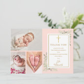 Doop Christening Groenery Blush Roze 3 Foto Bedankkaart (Staand voorkant)