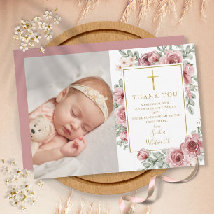 Doop Christening Stof Roze Bloem Foto Bedankkaart