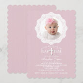 Doop Cross roze foto uitnodiging (Voorkant / Achterkant)