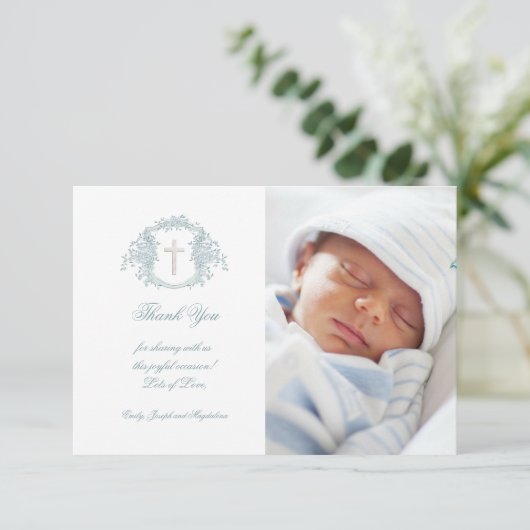 Doop dank u blauwe bloemkam kaart (Staand voorkant)