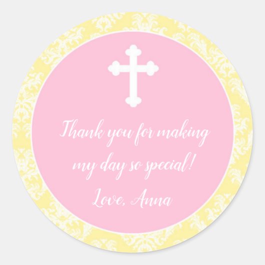 Doop doopsel roze geel cadeau gunstiglabel ronde sticker (Voorkant)