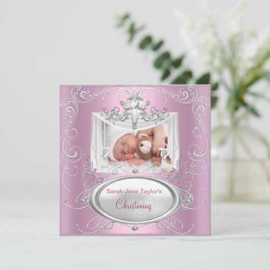 Doop Doping Baby Meisje Zilver Roze Kruis Kaart (Staand voorkant)