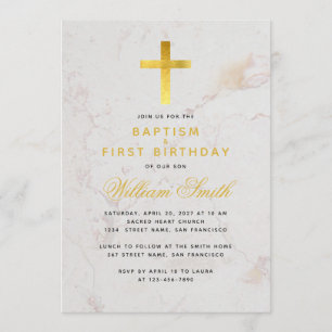 Doop & Eerste Verjaardag Faux Gold Cross Marmer Kaart