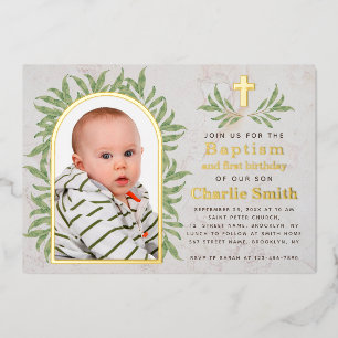 Doop Eerste Verjaardag Foto Groene Bladeren Gouden Folie Uitnodiging