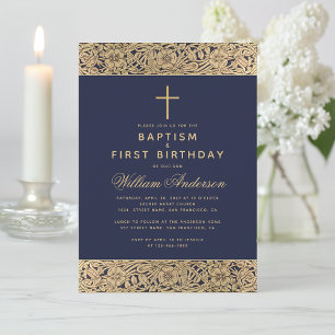 Doop Eerste verjaardag Navyblauw Gouden Rozen Jong Kaart