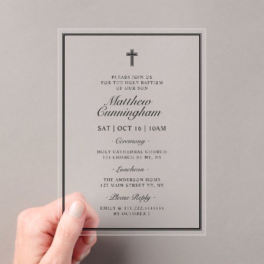 Doop Elegant Modern Cross QR-code Acryl Uitnodigingen (Insitu (Draagbaar))