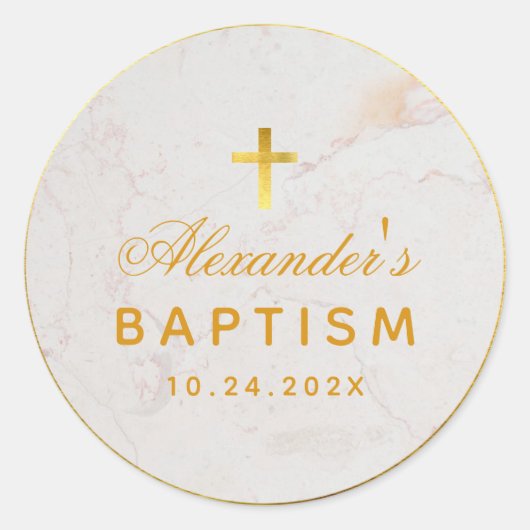 Doop Elegant Script Faux Gold Folie Cross Marble Ronde Sticker (Voorkant)