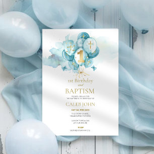 Doop en 1e verjaardag Blue Balloon Uitnodiging