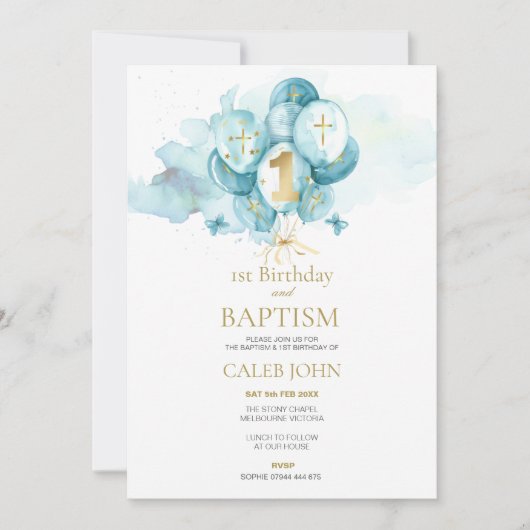 Doop en 1e verjaardag Blue Balloon Uitnodiging (Voorkant)
