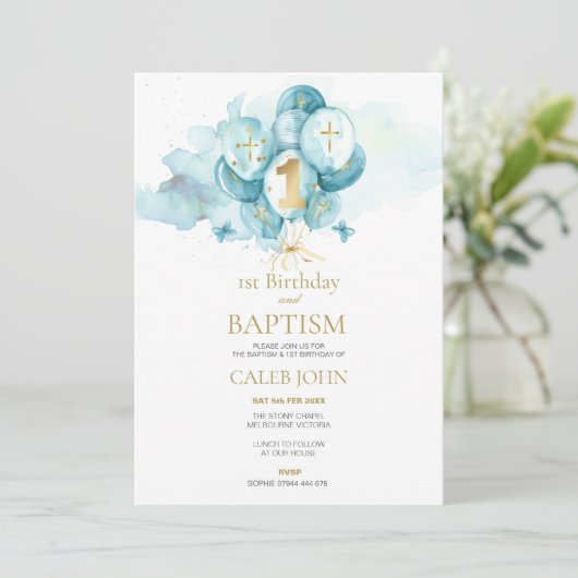 Doop en 1e verjaardag Blue Balloon Uitnodiging (Staand voorkant)
