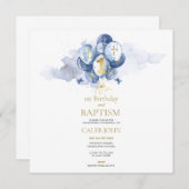 Doop en 1e verjaardag Navy & Gold uitnodiging (Voorkant / Achterkant)