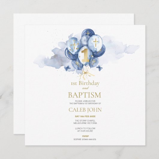 Doop en 1e verjaardag Navy & Gold uitnodiging (Voorkant / Achterkant)